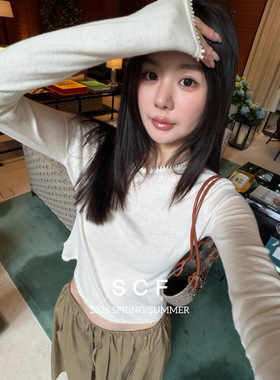 欧洲站小众设计师早春新款圆领纯色锯齿边长袖t恤女修身明线上衣