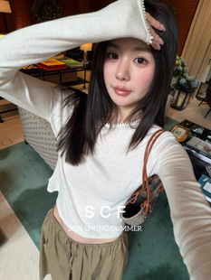 t恤女修身 明线上衣 圆领纯色锯齿边长袖 欧洲站小众设计师早春新款