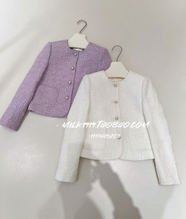 富家千金欧洲站设计师早春新款 小香风粗花呢珍珠扣名媛短外套 法式