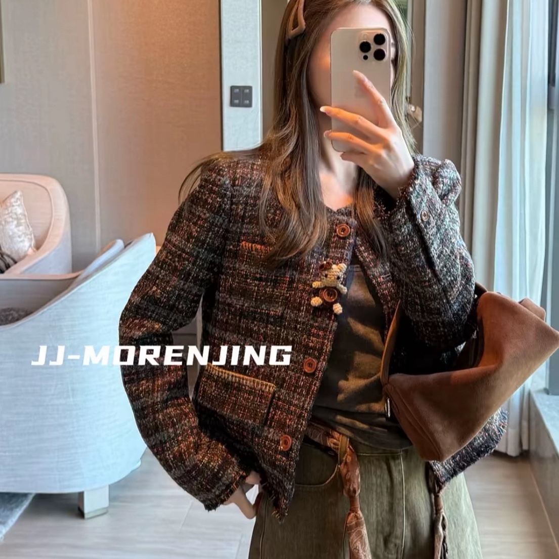 欧洲站南油小众设计师秋冬新款复古格子时髦小香风卡通KT猫扣外套