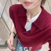 欧洲站小众设计师精品时髦叠穿气质开口翻领羊绒羊毛套头针织衫 女