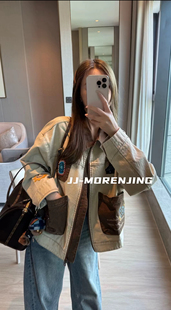 欧洲站2025小众设计师秋冬新款 复古撞色多口袋牛仔外套女宽松夹克