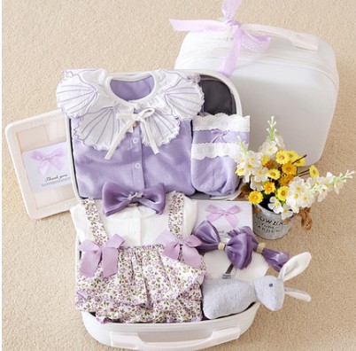婴儿礼盒手提礼品箱女宝宝小公主纯棉紫色秋冬新生儿满月送礼物