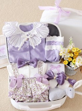 婴儿礼盒手提礼品箱女宝宝小公主纯棉紫色秋冬新生儿满月送礼物