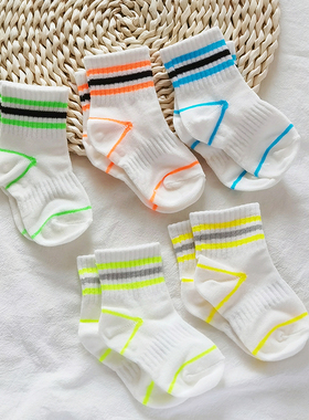 caras韩国进口儿童荧光条运动袜棉袜子白色宝宝中筒防滑透气