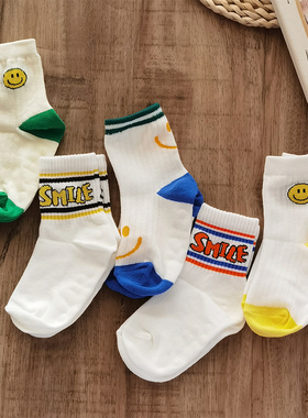 韩国KidsFUTURE男童袜春秋棉袜螺纹中筒吸汗学生儿童卡通字母白袜
