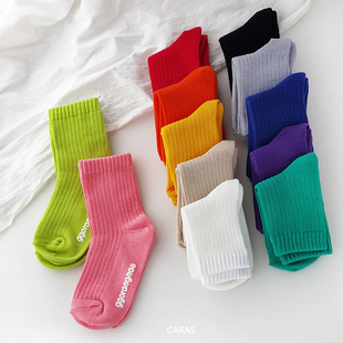 caras韩国进口儿童彩虹色螺纹袜子棉袜高弹糖果色男女宝宝中筒袜