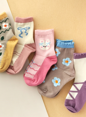 韩国KidsFUTURE秋冬女童袜子棉袜吸汗可爱花朵兔子儿童宝宝中筒袜
