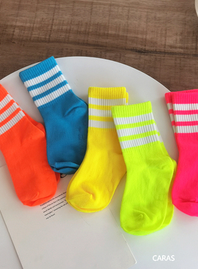 韩国KidsFUTURE儿童荧光袜子时尚橙色潮ins宝宝彩色条纹中筒袜