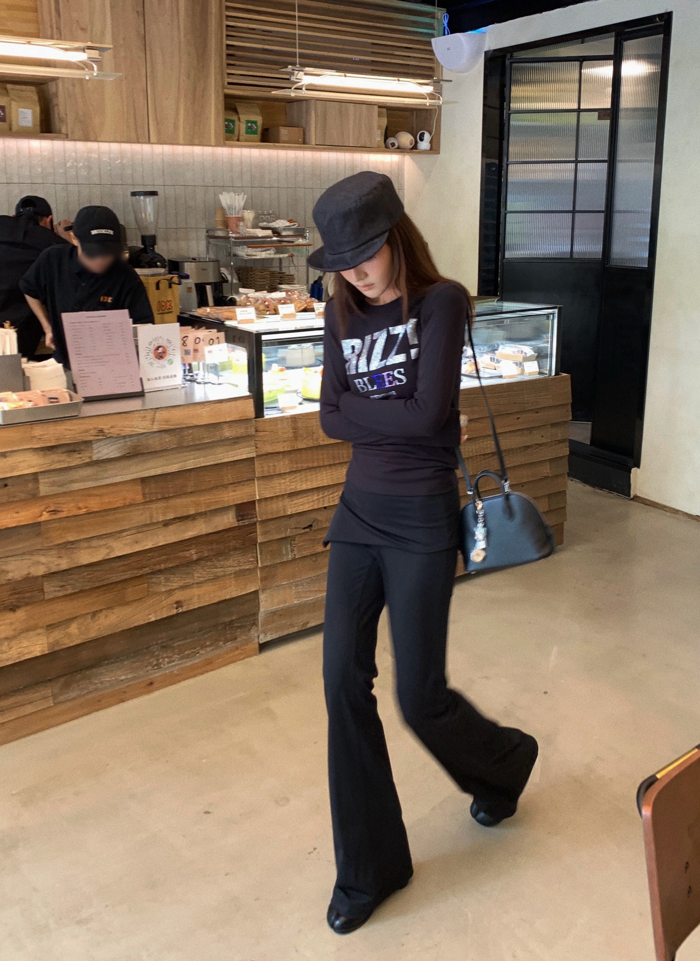MSKIN6小众设计女25早秋新款复古烫钻字母长袖棉T恤修身百搭上衣