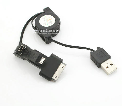 可伸缩 3合1 USB转30Pin DOCK,Mini USB,Micro USB伸缩数据线白色