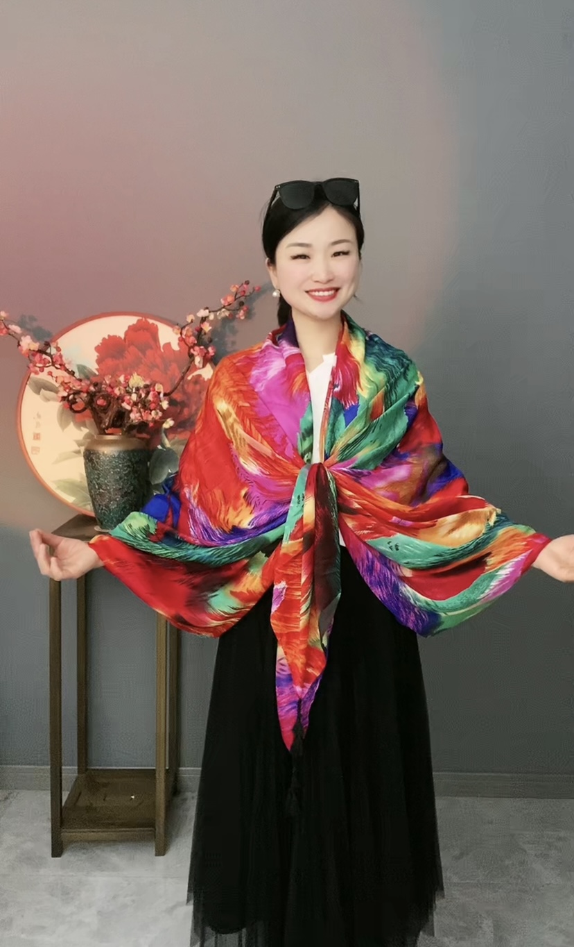 美丝宸 七彩羽毛140*180大尺寸围巾时尚四季可用空调披肩沙滩巾