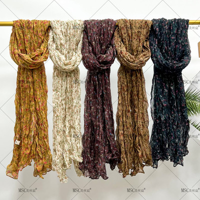 美丝宸【褶皱小碎花】森系新款棉麻压皱围巾保暖时尚复古风女士