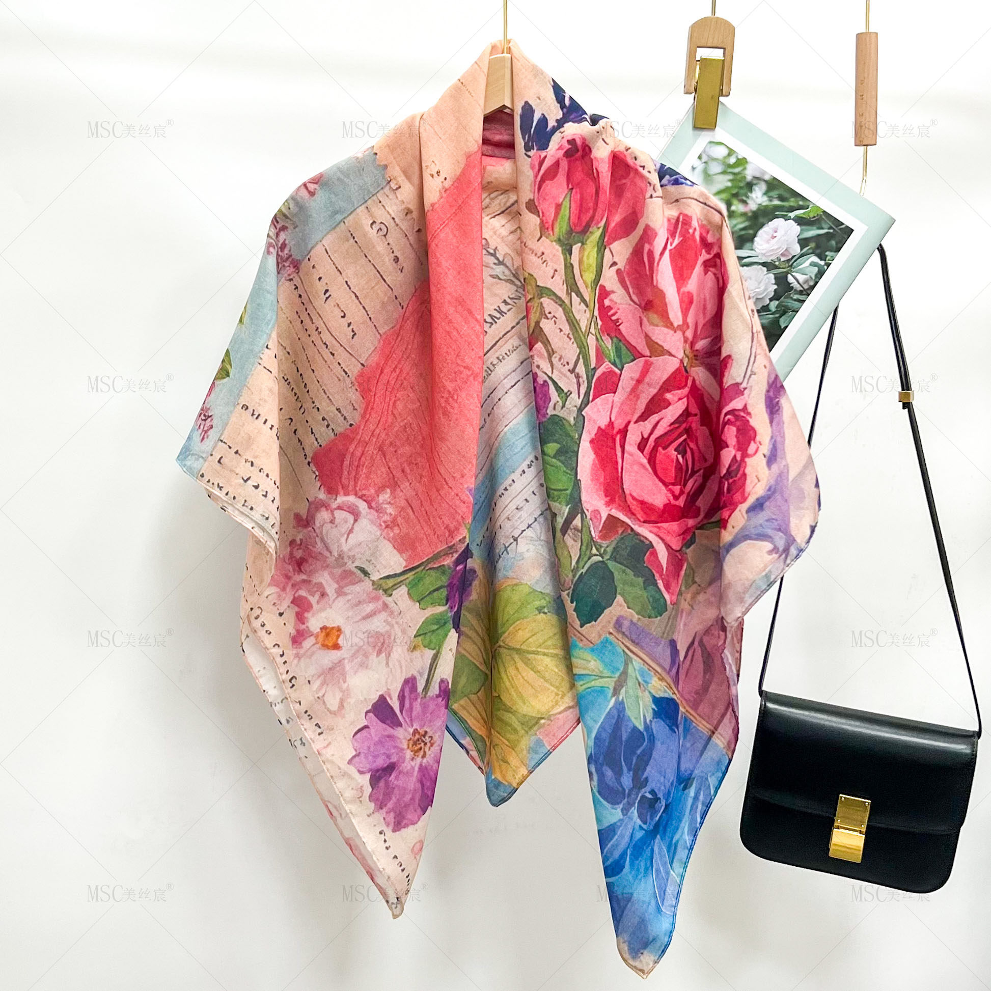 美丝宸夏季新款110*110丝棉大方巾花卉国风丝巾薄款空调房披肩女