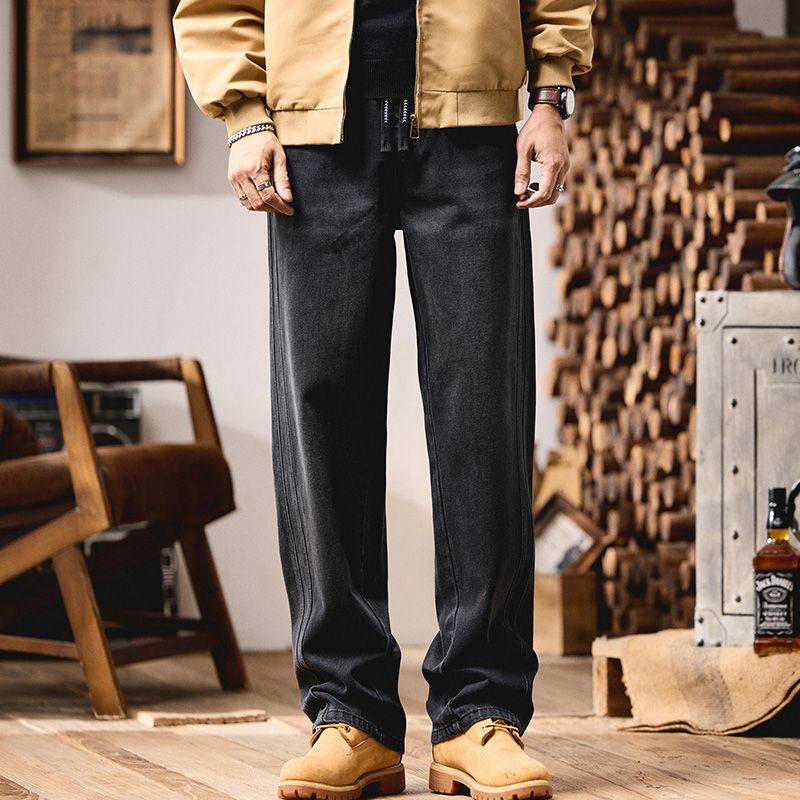 2026年新款美式黑灰色松紧腰牛仔裤男宽松直筒休闲长裤春季新款,男装,牛仔裤,淘宝优惠券,粉丝福利购,淘宝优惠卷