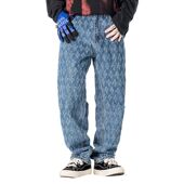 风宽松直筒牛仔裤 男做旧拉链长裤 阔腿裤 美式 潮牌高街风蓝色裤 子