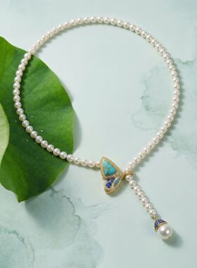 青岛中古清新森系蝴蝶珍珠项链绿松石镶钻复古风高级感气质颈链女
