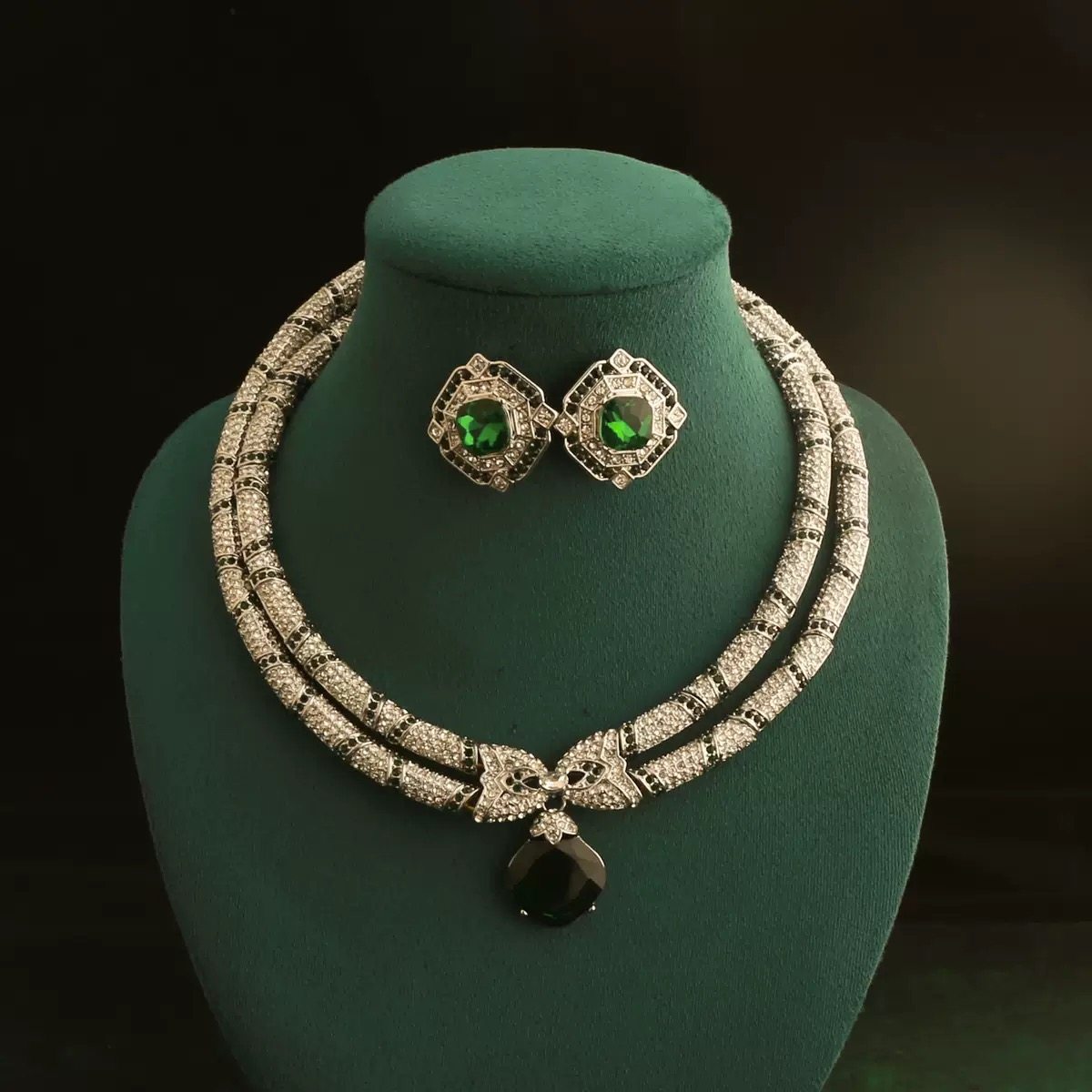 定制款真金电镀镶嵌绿宝石蝴蝶结双层重工满钻项圈项链银针耳钉,饰品/流行首饰/时尚饰品新,组合套装,淘宝优惠券,粉丝福利购,淘宝优惠卷