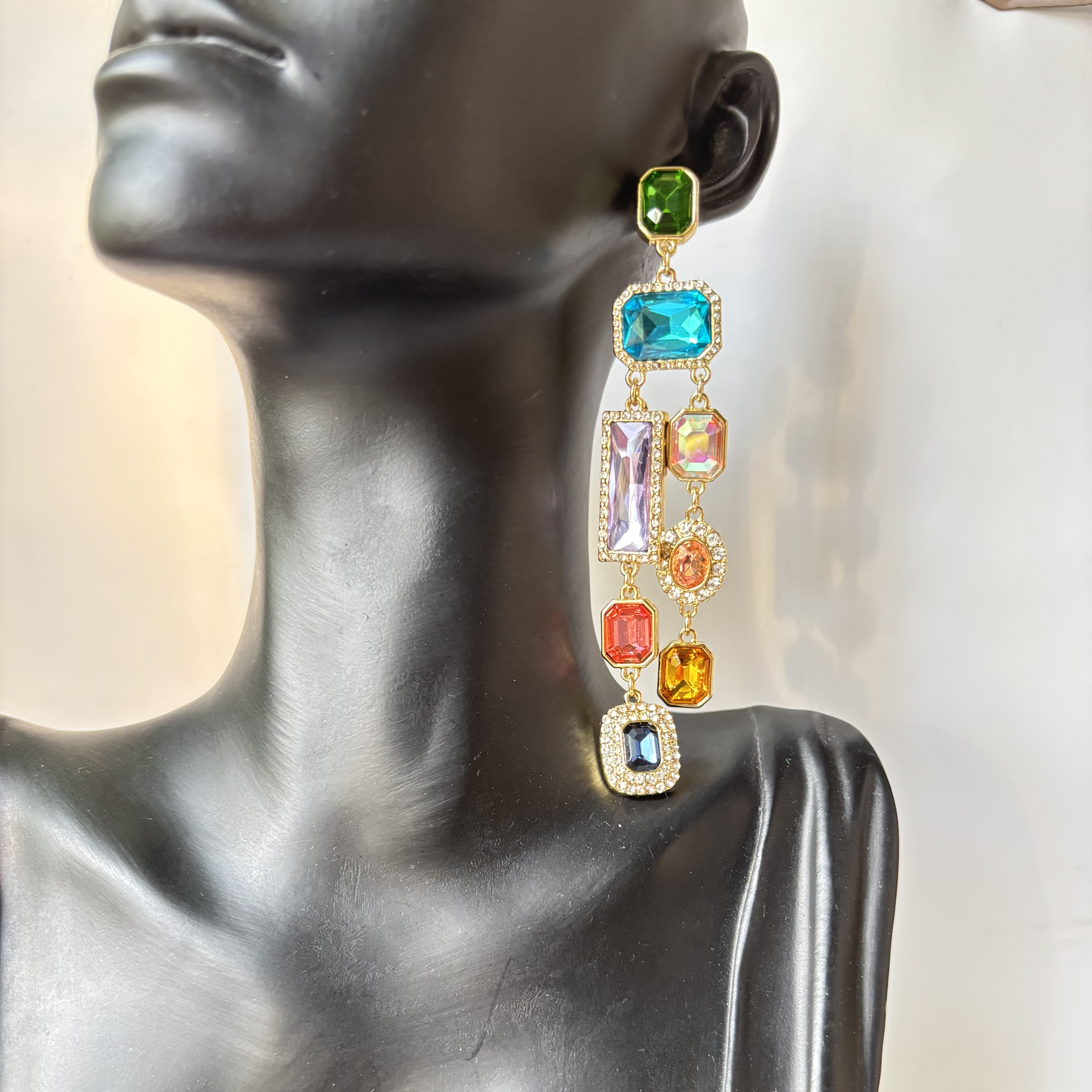 青岛中古vintage重工铜镶彩钻长流苏扫肩气质耳钉轻奢高级感耳饰