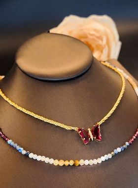 高级感天然石串珠红色锆石蝴蝶项链女时尚复古通勤百搭饰品批发