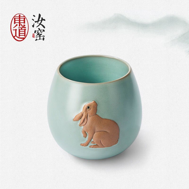 东道汝窑兔生肖主人杯陶瓷茶杯开片可养功夫茶具汝兔杯 天青 礼盒