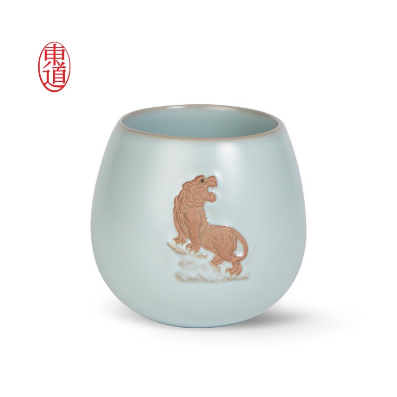 专柜正品 东道汝窑 不倒虎杯 生肖主人杯开片可养功夫茶具 汝虎杯