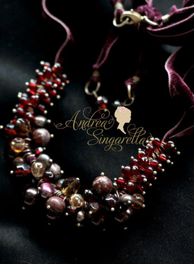 古欧市场[古着古董首饰]紫红丝绒天然珍珠石榴石水晶玛瑙多宝颈链