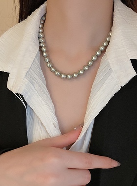 手工纯色法式复古灰色珍珠项链时尚百搭毛衣链小众项饰女