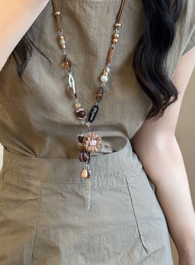 partyme手工复古民族花朵吊坠流苏长款项链中式美拉德珠串毛衣链