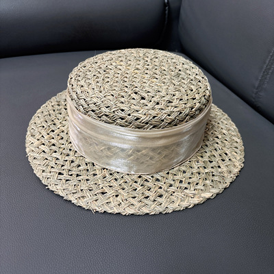 手工编织～海边度假法式礼帽海边度假草帽女镂空透气平顶遮阳帽女