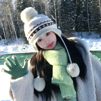 Partyme手工针织护耳毛球帽东北保暖护耳提花小众设计加绒费尔岛