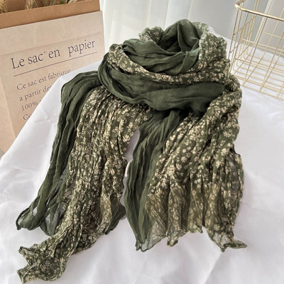 清冷感秋冬氛围感褶皱丝巾新中式小众设计碎花围巾百搭薄款围脖女