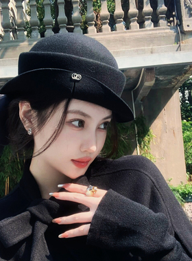 造型感法式轻奢翘边开叉羊毛呢礼帽女秋冬圆顶保暖褶皱短檐盆帽子