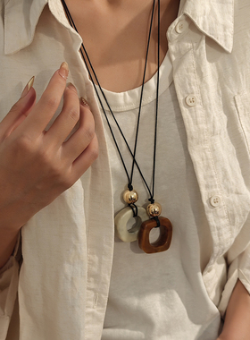 Partyme新中式驼骨几何方形长款吊坠项链复古中长款毛衣链