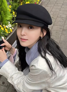 黑色纯羊毛画家帽子鸭舌帽