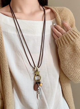 复古民族风羽毛枫叶合金吊坠波西米亚海边度假挂链长款毛衣链项链