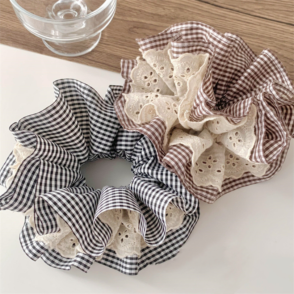 显发量手工法式复古双层格子蕾丝花边拼接大号大肠发圈文艺发绳女