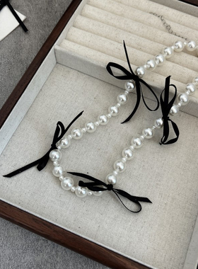 韩国网红可爱甜美风串珠仿珍珠丝带蝴蝶结项链锁骨链温柔气质夏天