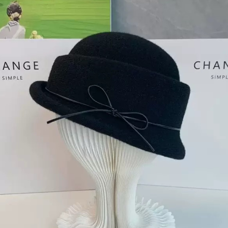 partyme手工蝴蝶结礼帽秋冬毛呢礼帽女法式赫本风翻边保暖盆帽