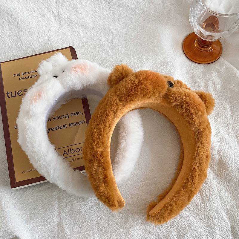 可爱小熊毛绒发箍女秋冬洗脸头饰直播网红卡通防滑压发卡子海绵厚