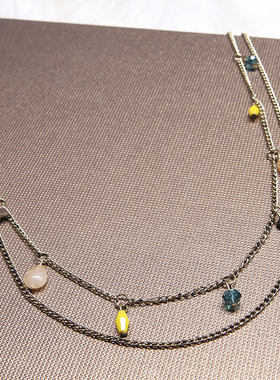 partyme手工彩色石头挂坠长款项链女毛衣链复古民族风双层链条