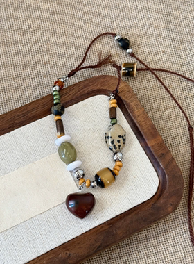 partyme手工蜡绳木质爱心吊坠项链复古民族风毛衣链小众项饰女