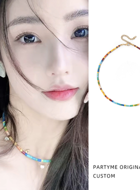 彩虹项链手工串珠锁骨链