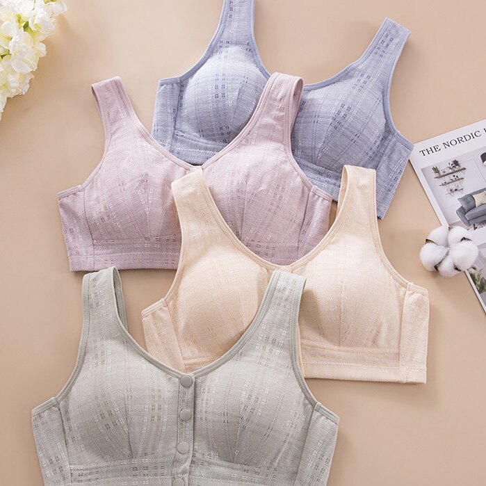 夏季薄妈妈内衣中老年无钢圈前扣文胸老人纯棉胸罩中年妇女背心式