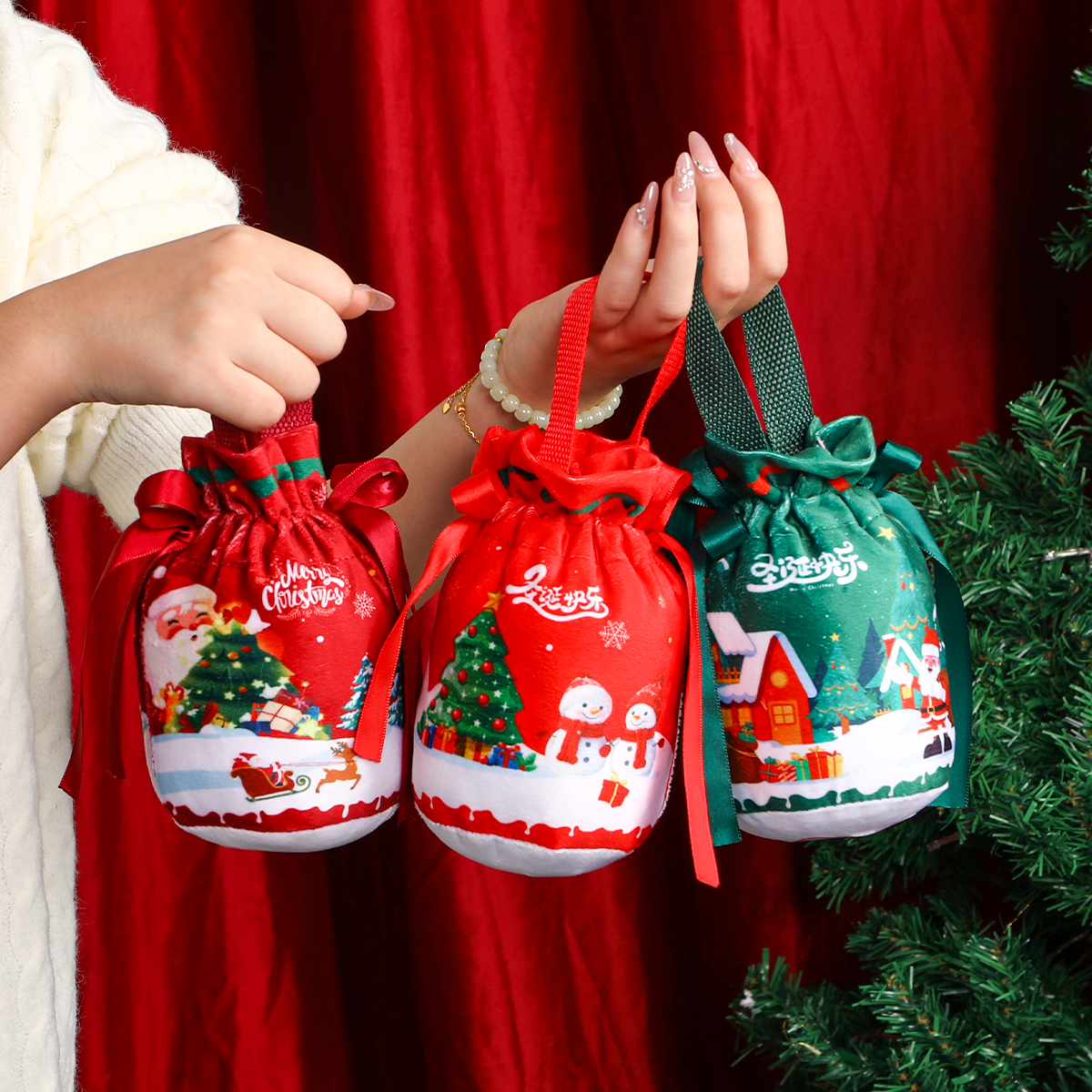 圣诞节苹果礼品袋平安夜礼盒平安果绒布包装袋糖果礼物袋子小礼盒