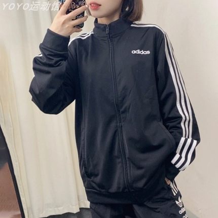 Adidas阿迪达斯立领外套秋季运动复古条纹韩国男女款黑韩版DQ3070