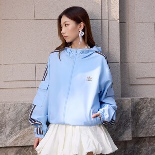阿迪达斯三叶草男女外套三条杠梭织防风休闲连帽夹克正品KV8852