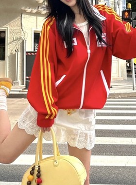 Adidas三叶草 男女中国复古条纹运动休闲立领夹克外套正品KA5256