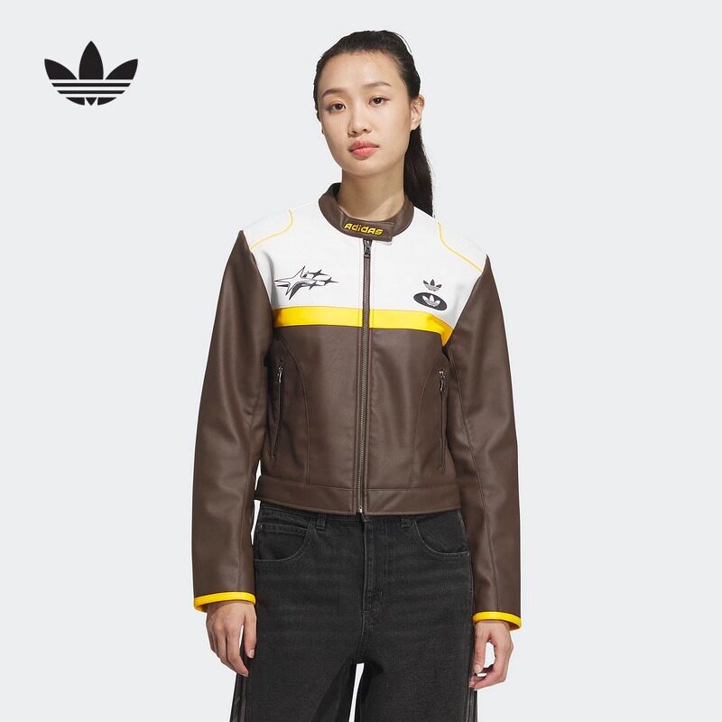 正品阿迪达斯三叶草女机车服仿皮面防风赛车服外套拼色夹克JM8024