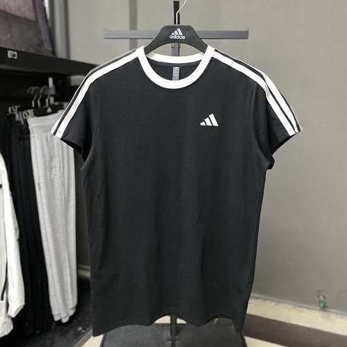 正品Adidas阿迪达斯经典三条纹短袖2026夏季黑色宽松版T恤JY7612